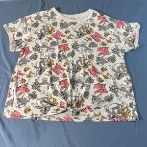 Tom and Jerry Cartoon Graphic Knot Front T Shirt Women's Size LG White